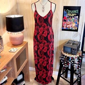 Vintage Women's Medium Red Roses Accordion Pleat Maxi Tank Dress 90s 2000s